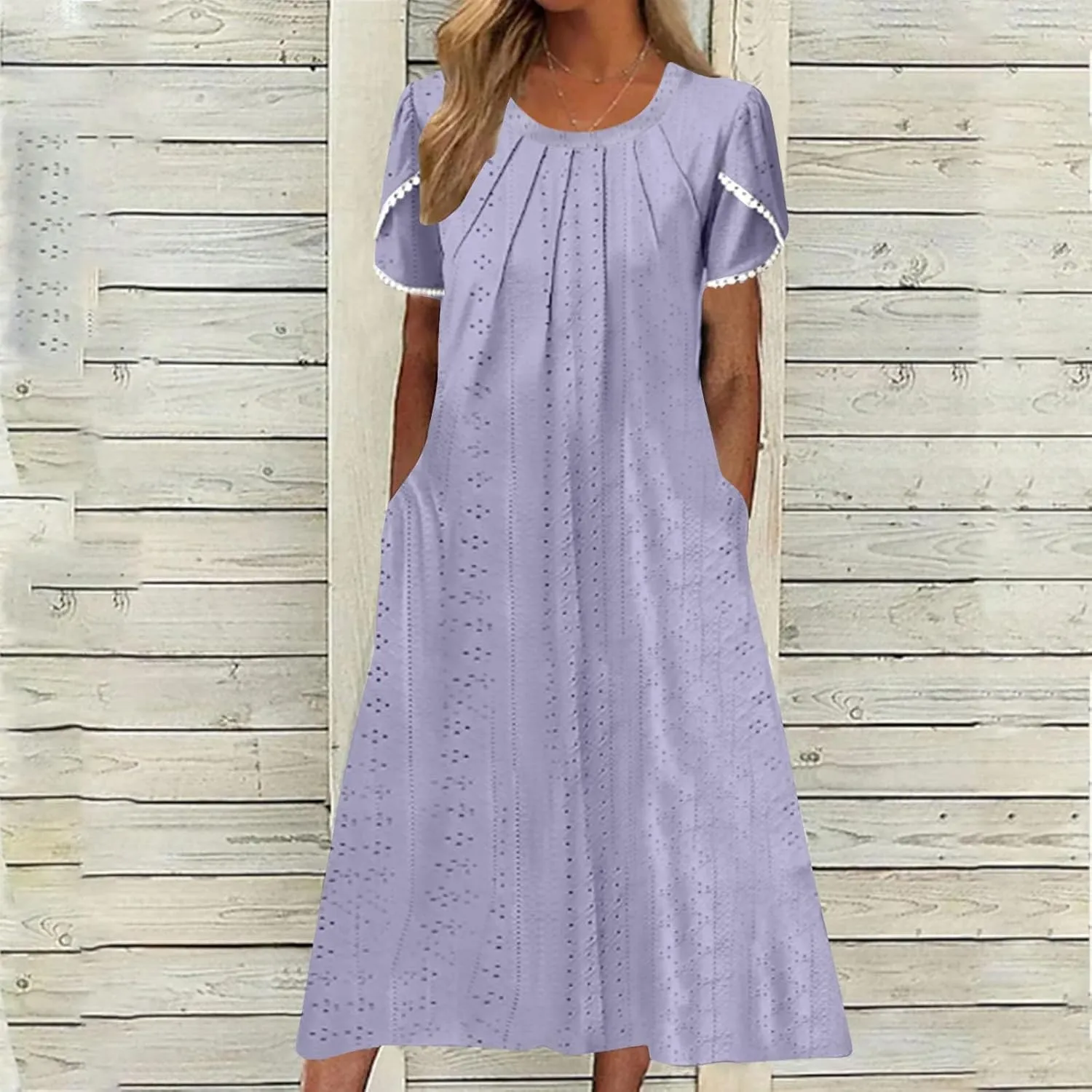 Midi Dresses for Women Summer Crew Neck Petal Sleeve Lace-Up Hollow Out Ruched High Waist Eyelet Dress with Pockets
