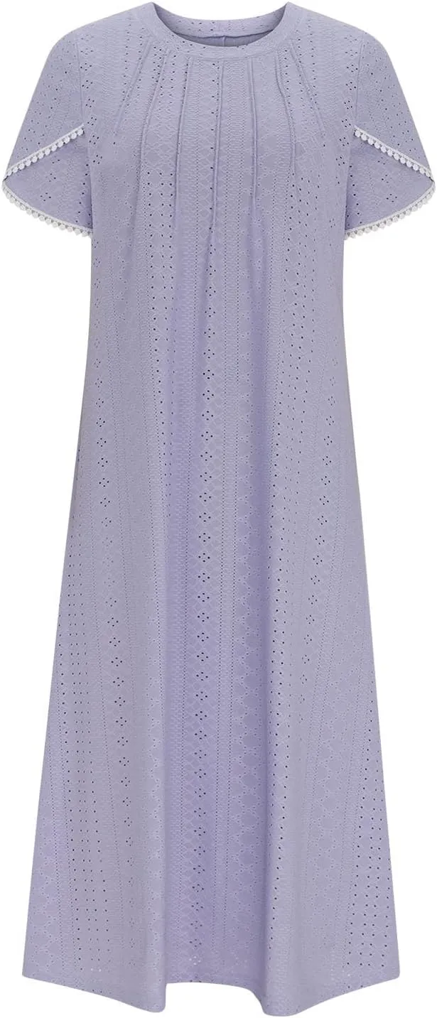 Midi Dresses for Women Summer Crew Neck Petal Sleeve Lace-Up Hollow Out Ruched High Waist Eyelet Dress with Pockets