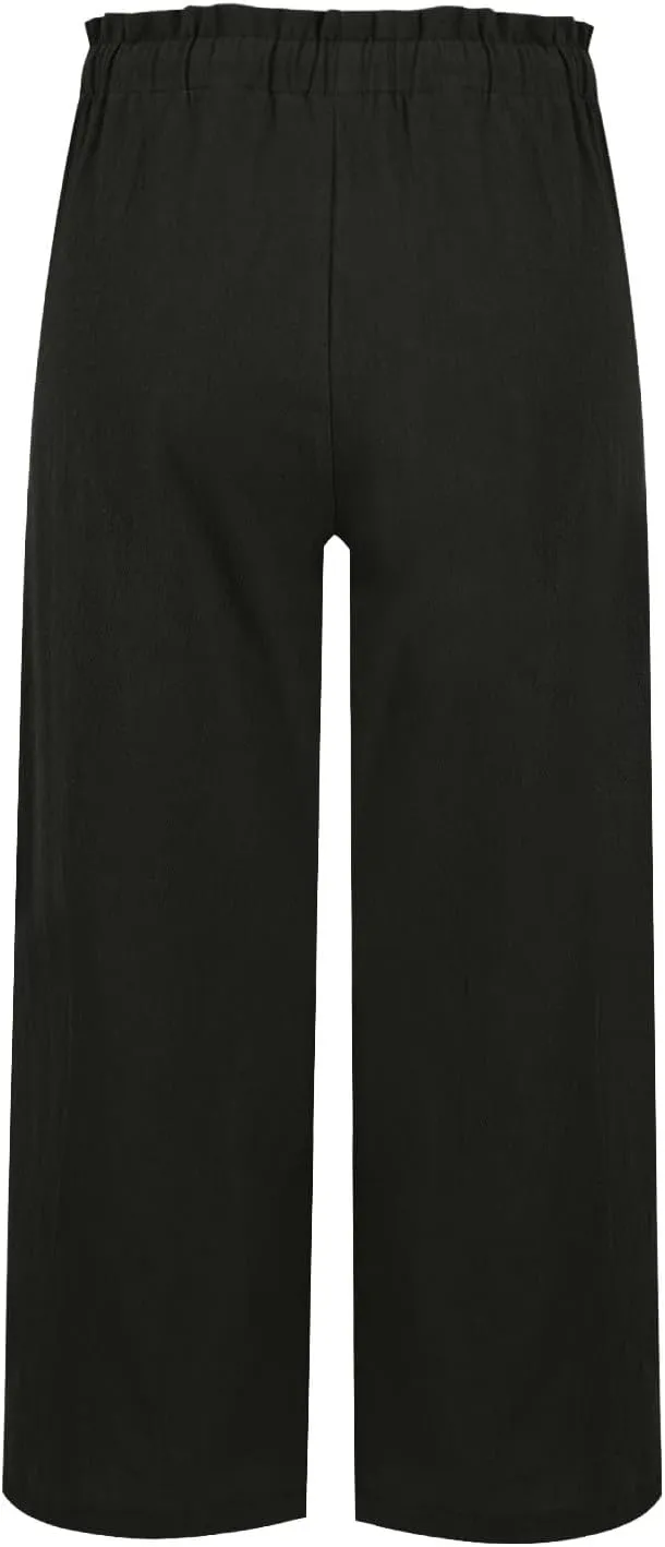 Miyaomn Wide Leg Linen Pants for Women Drawstring Summer Palazzo Flowy Pants Casual Loose High Waisted Trousers with Pockets