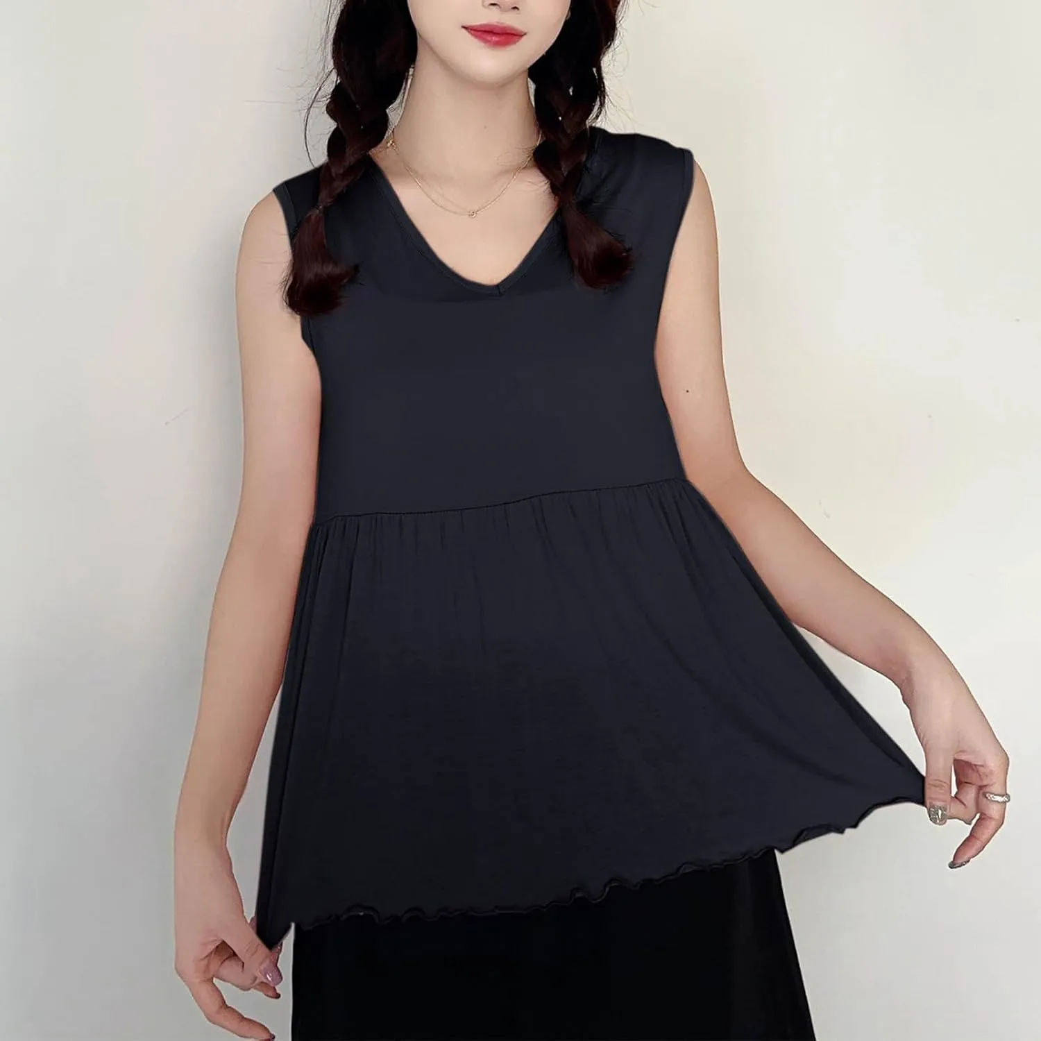 Modal Casual Tank Tops for Women, V-Neck Loose Sleeveless Summer Daily Shirts Comfy Breathable Ruffle Hem Clothes