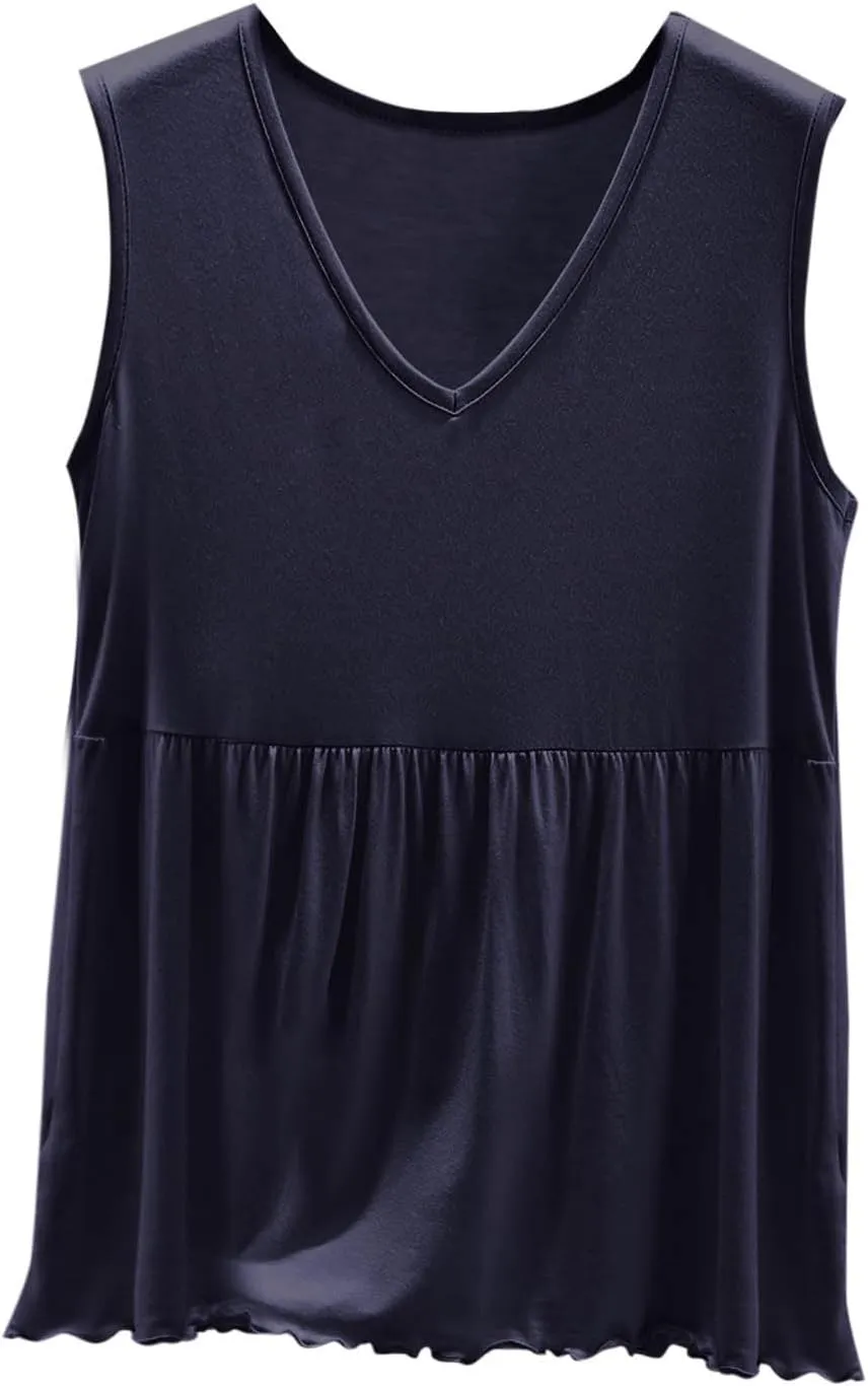Modal Casual Tank Tops for Women, V-Neck Loose Sleeveless Summer Daily Shirts Comfy Breathable Ruffle Hem Clothes