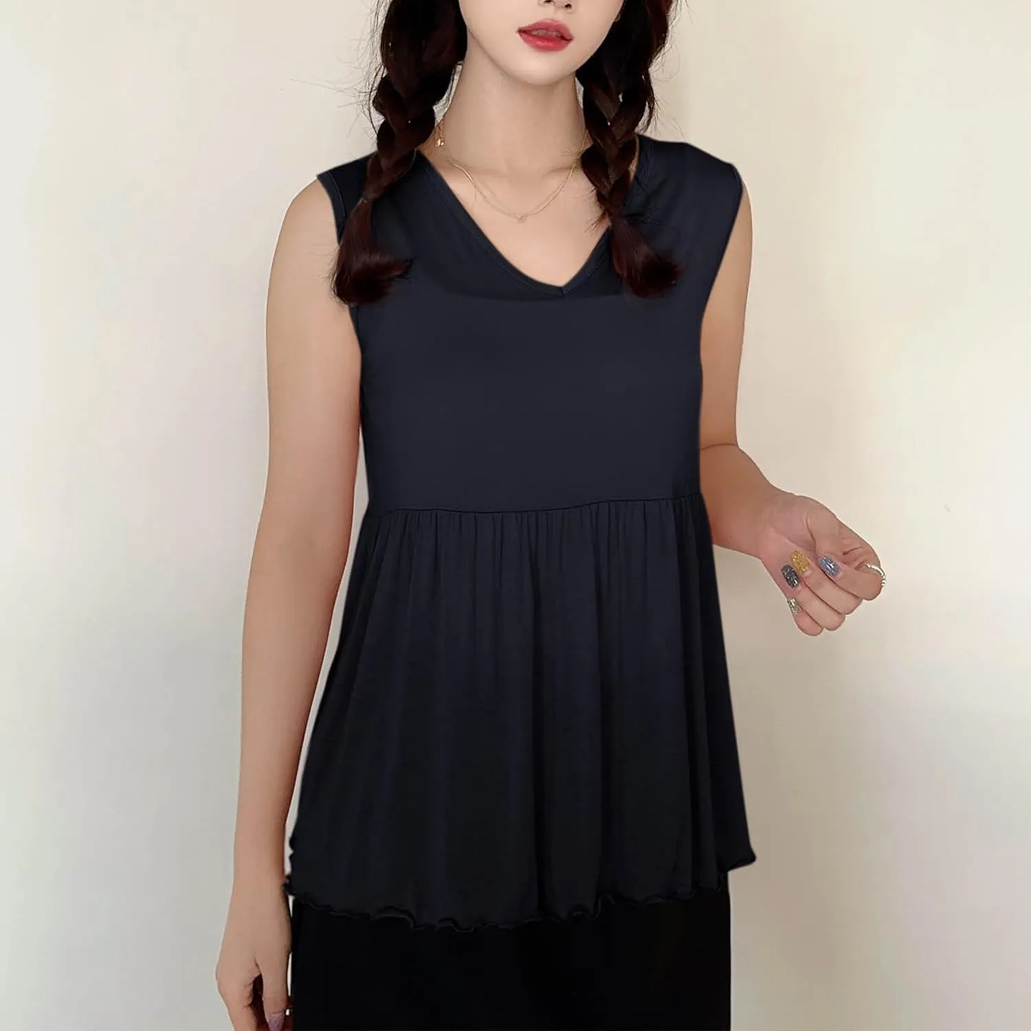 Modal Casual Tank Tops for Women, V-Neck Loose Sleeveless Summer Daily Shirts Comfy Breathable Ruffle Hem Clothes