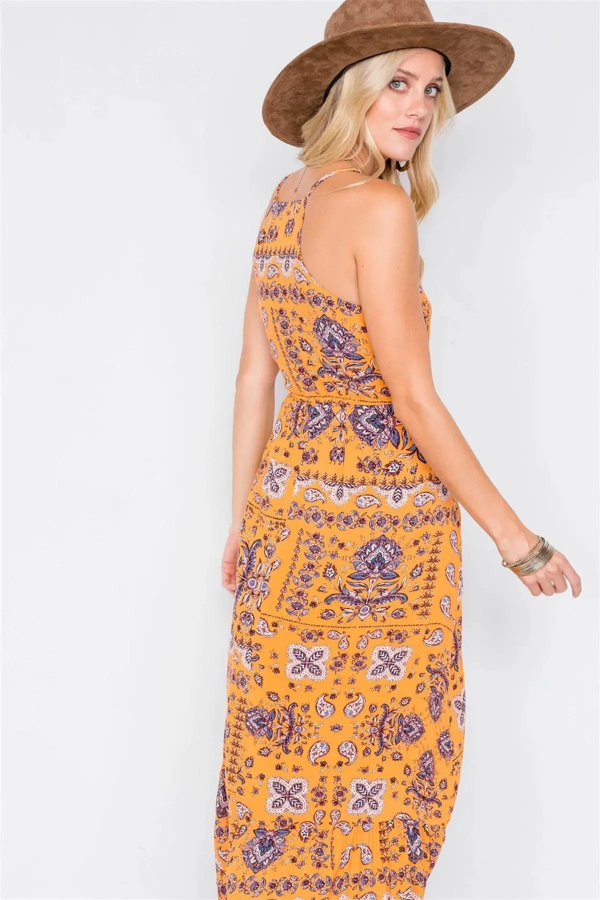 Mustard Boho Print V-Neck Cami Straps Maxi Dress  /3-1-2