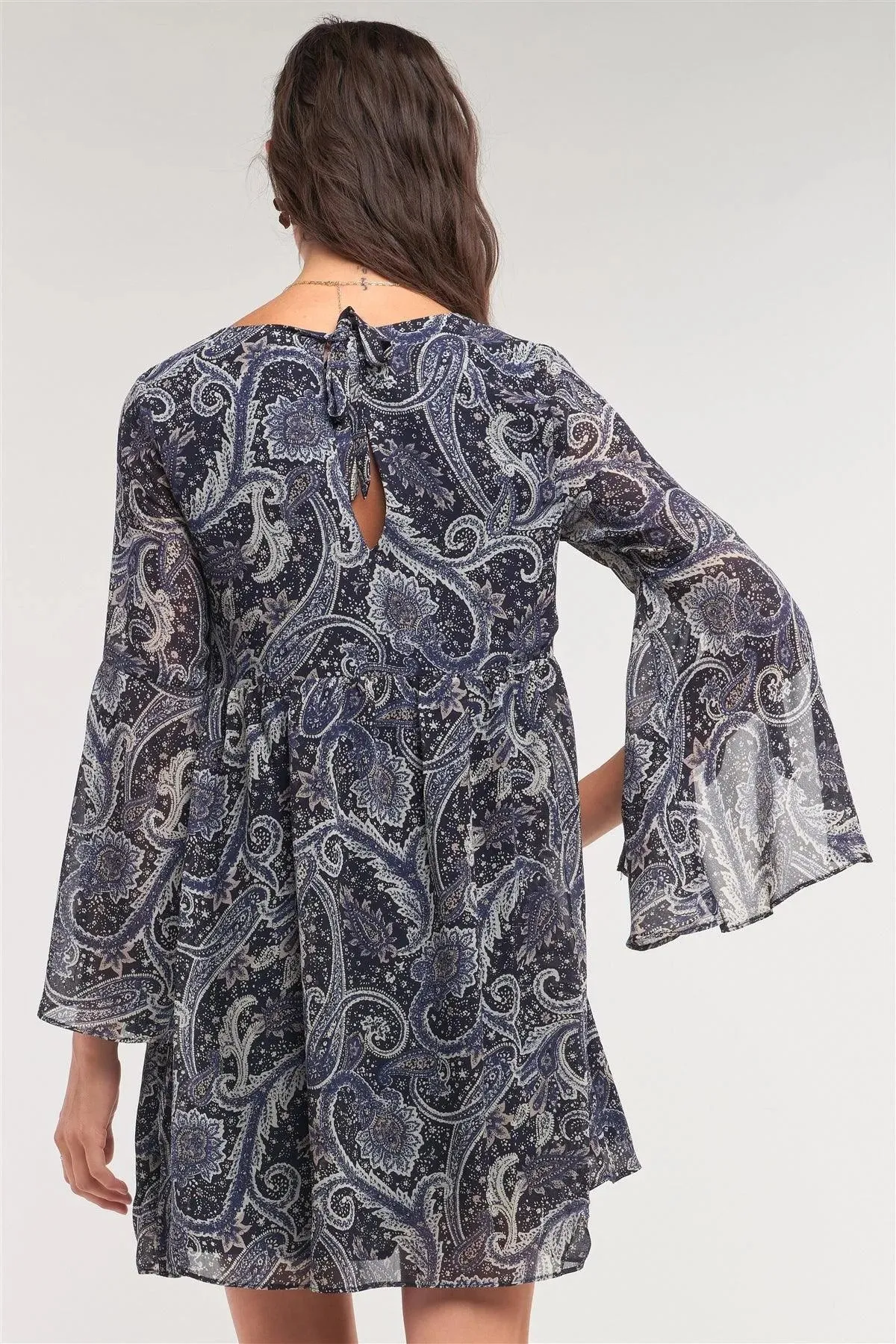 Navy Multicolor Paisley Print Loose Fit Trumpet Sleeve Self-Tie Detail Mini Dress /2-2-1
