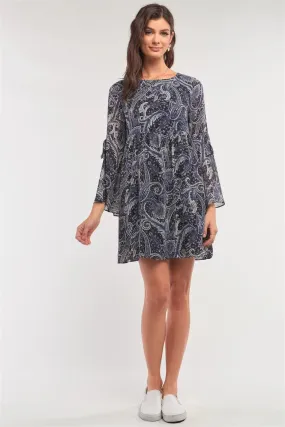 Navy Multicolor Paisley Print Loose Fit Trumpet Sleeve Self-Tie Detail Mini Dress /2-2-1