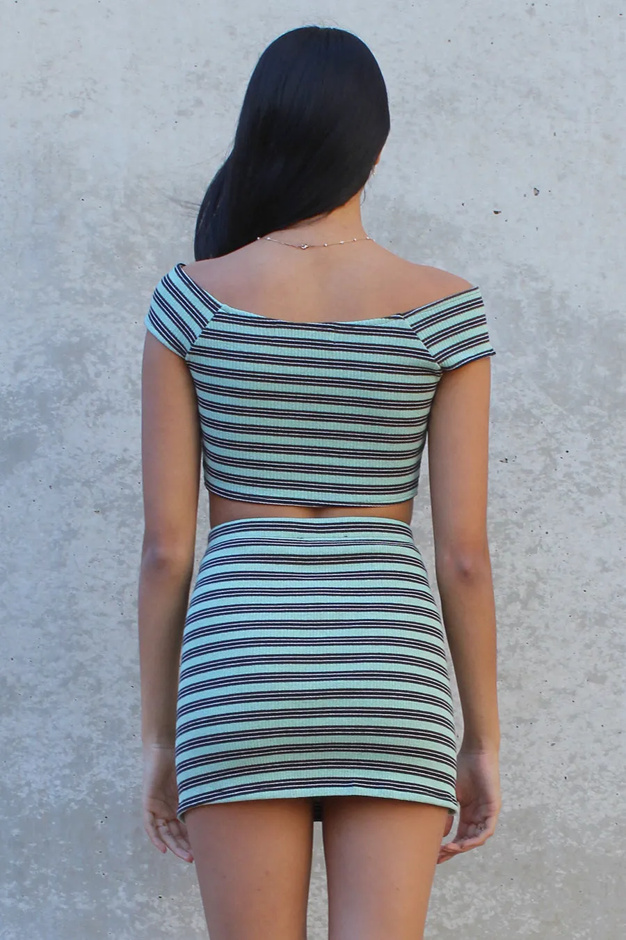 Off Shoulder Crop Top and Skirt - Stretchy Green Stripe