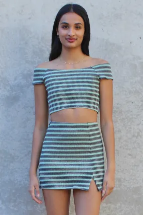 Off Shoulder Crop Top and Skirt - Stretchy Green Stripe