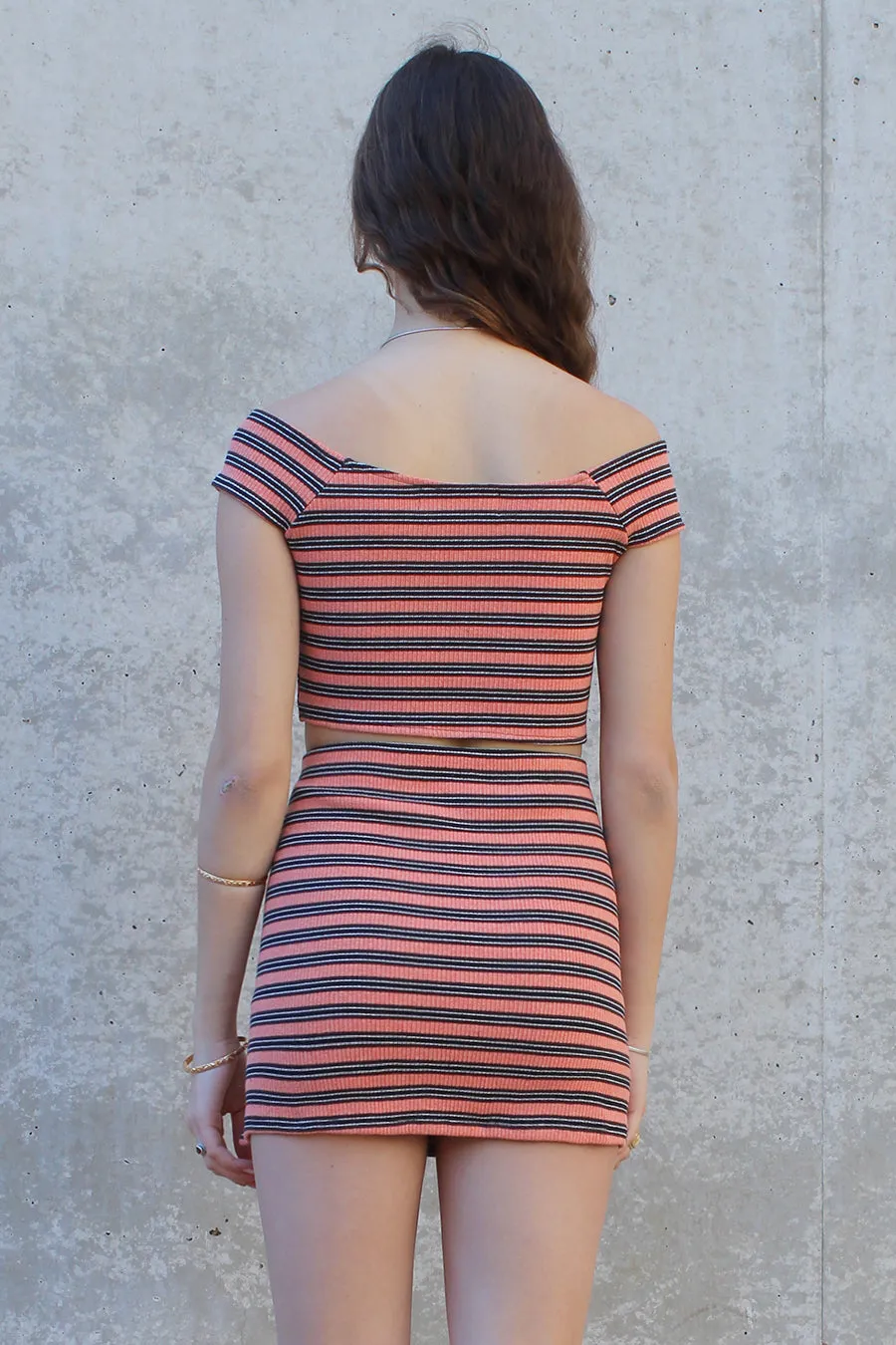 Off Shoulder Crop Top and Skirt - Stretchy Orange Stripe