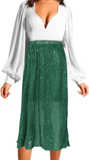 Sequin Skirt for Women-Stretchy Bodycon Women Elastic Waist Elastic Straight Long Skirt Swing A line Holiday Skirts