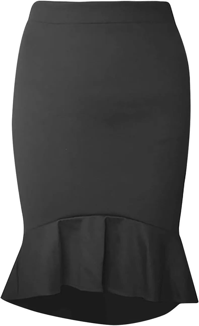 SERYU Women's High Waist Stretchy Ruffle Hem Fishtail Bodycon Midi Pencil Skirt