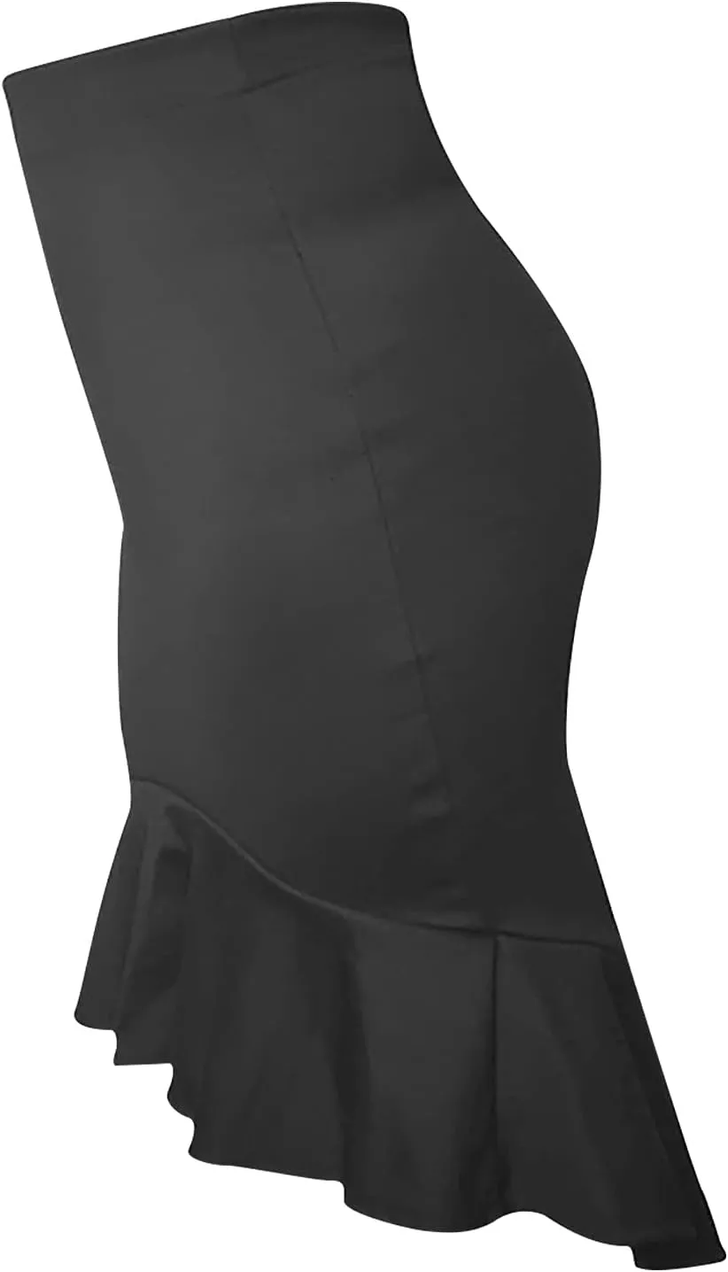 SERYU Women's High Waist Stretchy Ruffle Hem Fishtail Bodycon Midi Pencil Skirt
