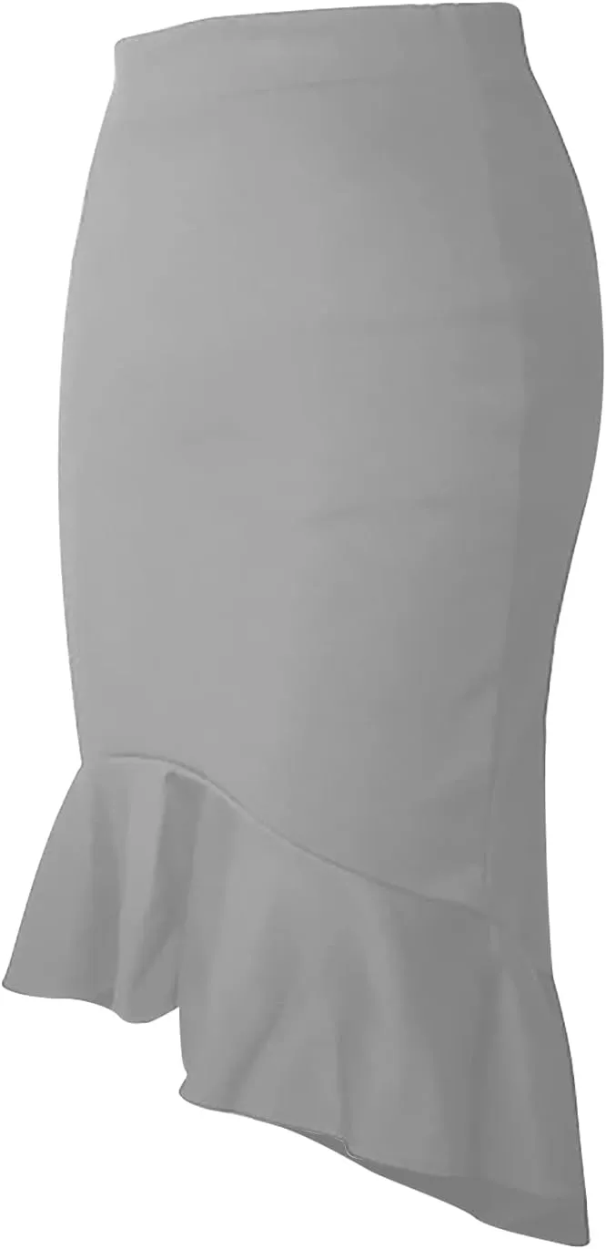SERYU Women's High Waist Stretchy Ruffle Hem Fishtail Bodycon Midi Pencil Skirt