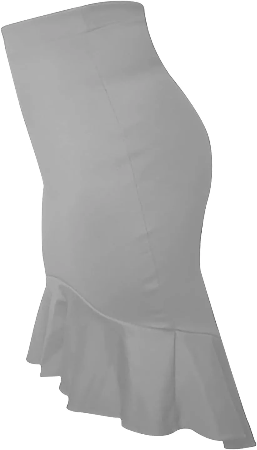 SERYU Women's High Waist Stretchy Ruffle Hem Fishtail Bodycon Midi Pencil Skirt