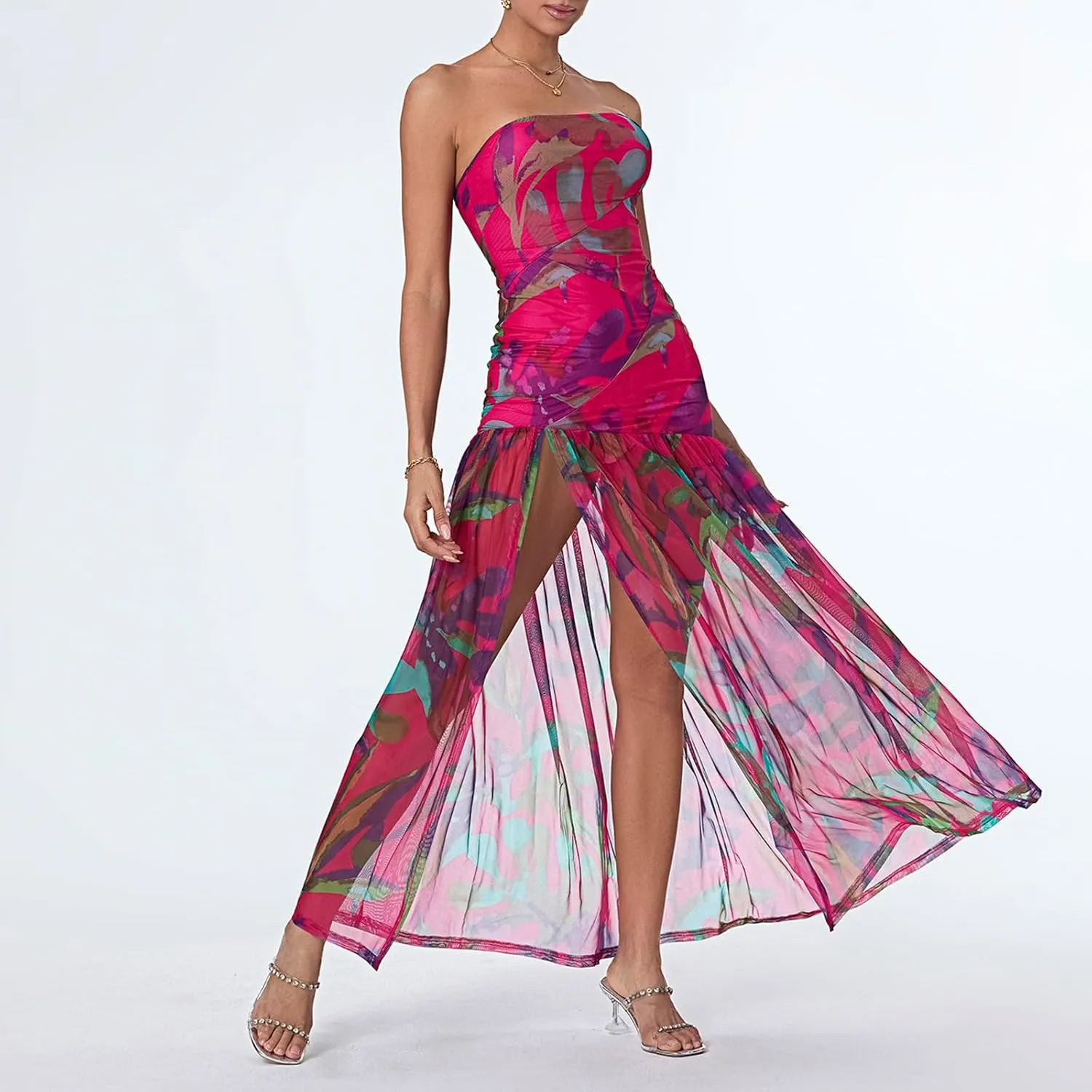 Seyumixi Women Strapless Flowy Maxi Dress High Split Off Shoulder Tube Dress Sleeveless Boho Floral Beach Long Dress