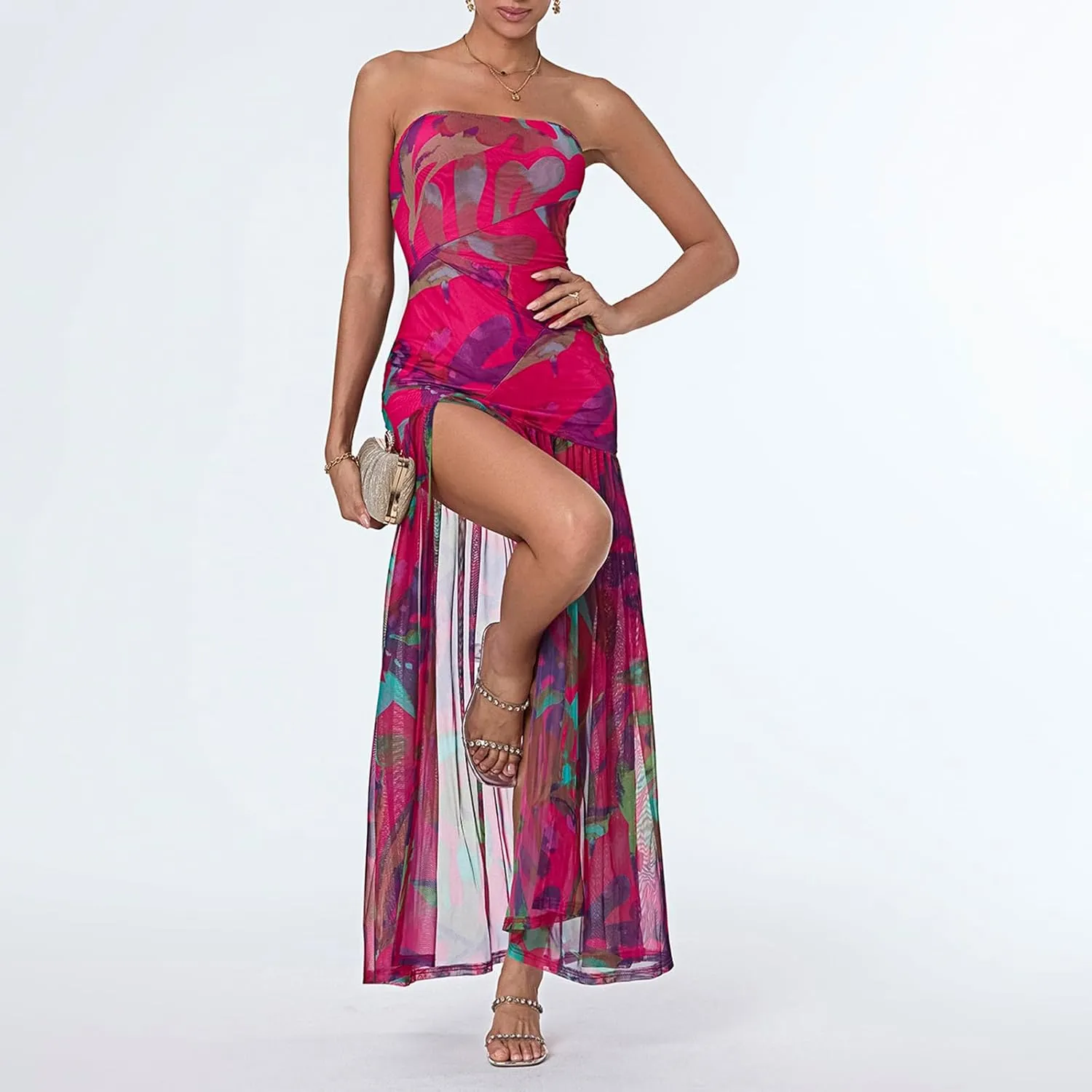 Seyumixi Women Strapless Flowy Maxi Dress High Split Off Shoulder Tube Dress Sleeveless Boho Floral Beach Long Dress