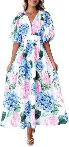 Sissyaki Women's Boho Floral Midi Dress Smocked Beach Flowy Dress