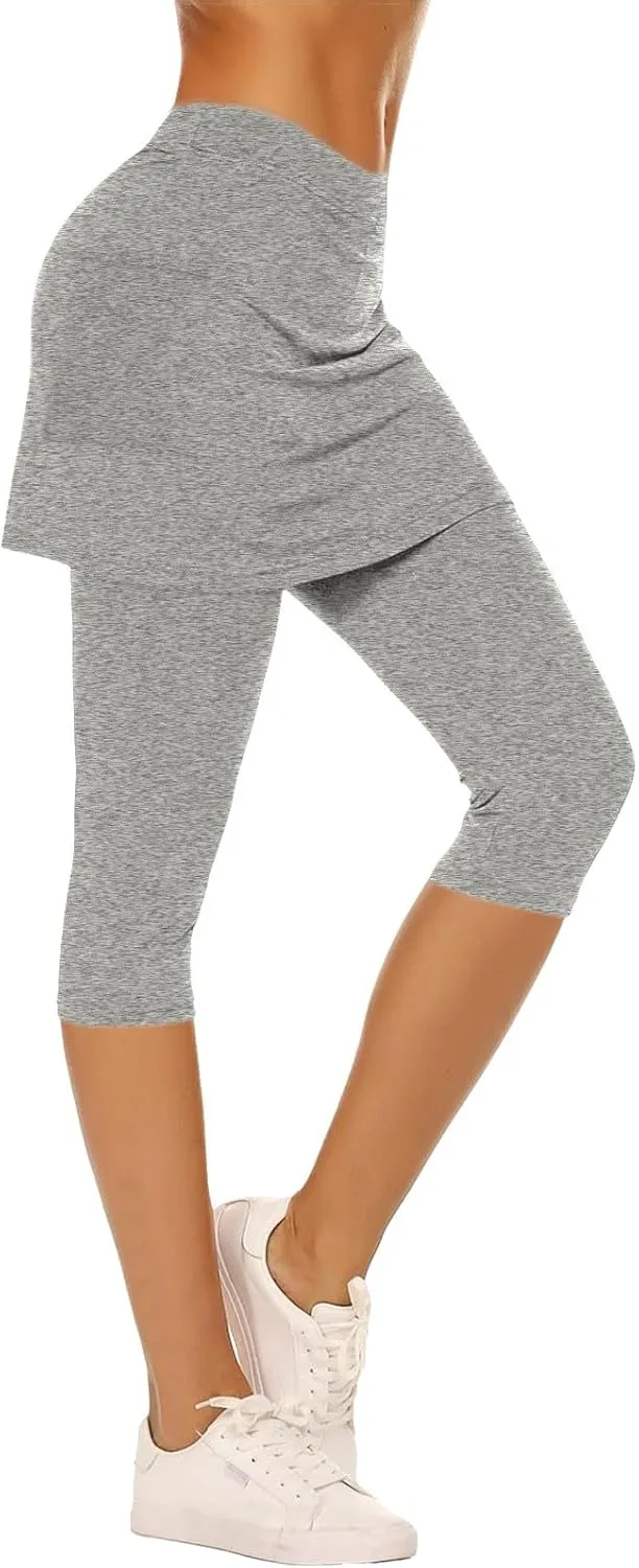 Skirted Leggings for Women Summer Capris Gym Workout Yoga Legging with Skirts Stretchy Tennis Golf Pickleball Skorts