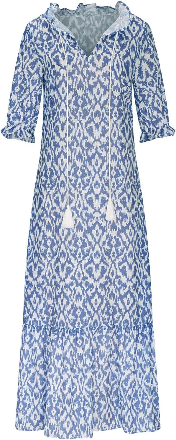 SMIDOW Womens Casual Spring Summer Boho Printed Dress V-Neck Three-Quarter Sleeve Dress A-Line Hide Belly Dress