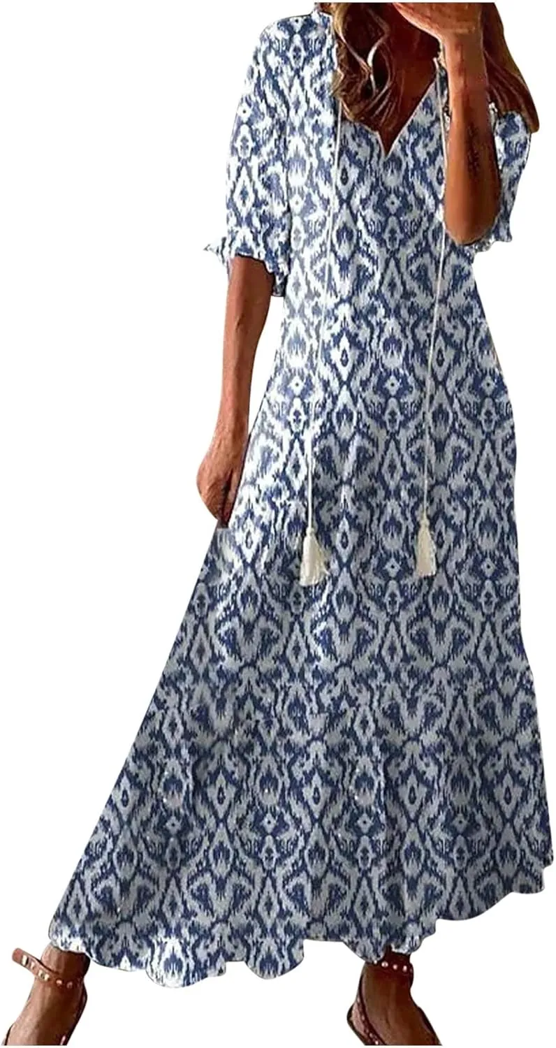 SMIDOW Womens Casual Spring Summer Boho Printed Dress V-Neck Three-Quarter Sleeve Dress A-Line Hide Belly Dress