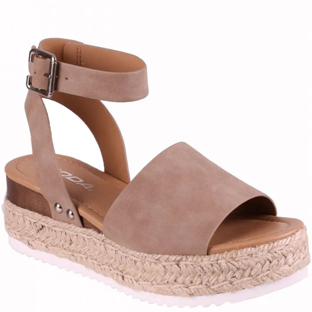 Soda Topic Open Toe Buckle Ankle Strap Espadrilles Flatform Wedge Casual Sandal (6, Dark Natural)
