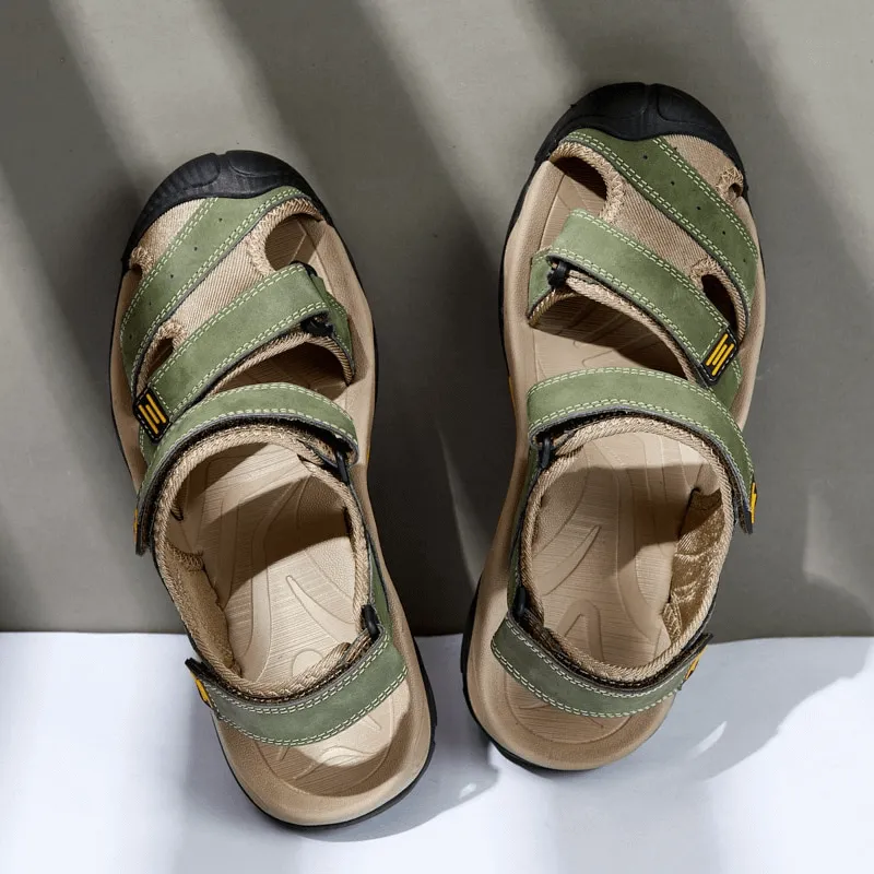 Stylish Tactical Leather Men's Closed Toe Sandals with Adjustable Velcro - SF1102