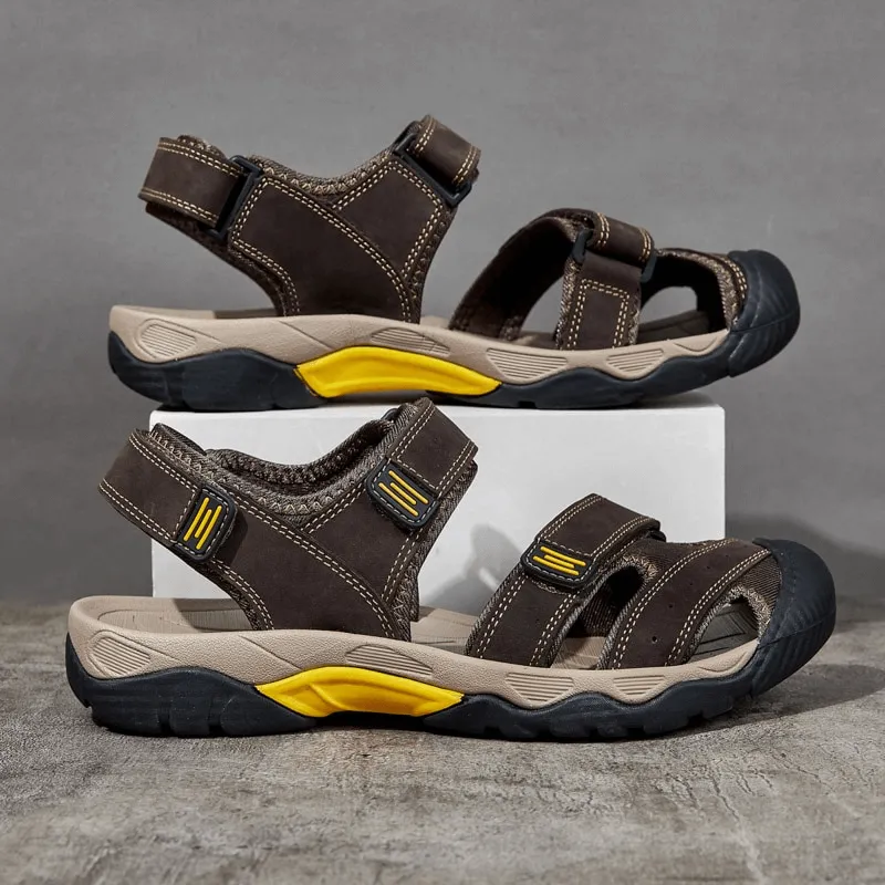 Stylish Tactical Leather Men's Closed Toe Sandals with Adjustable Velcro - SF1102