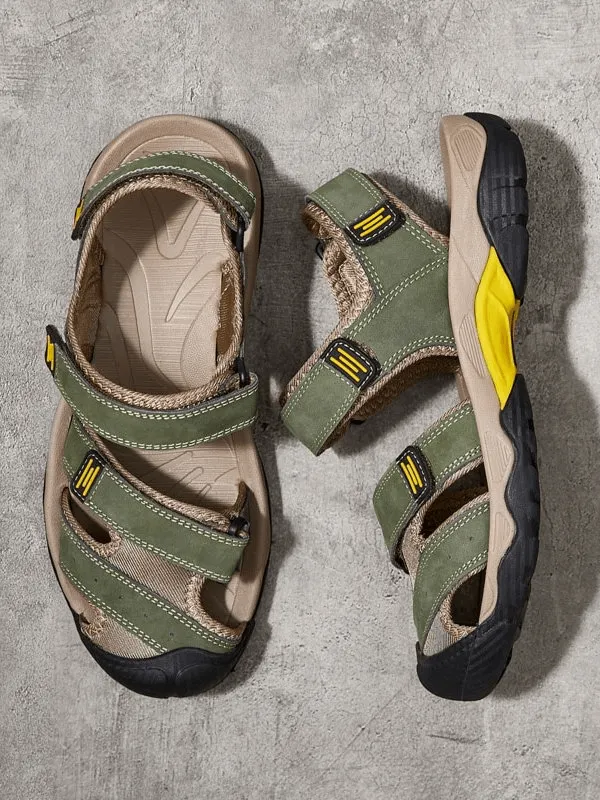 Stylish Tactical Leather Men's Closed Toe Sandals with Adjustable Velcro - SF1102