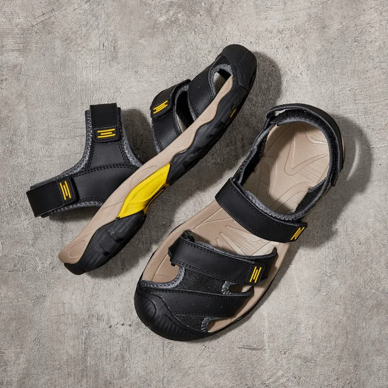 Stylish Tactical Leather Men's Closed Toe Sandals with Adjustable Velcro - SF1102