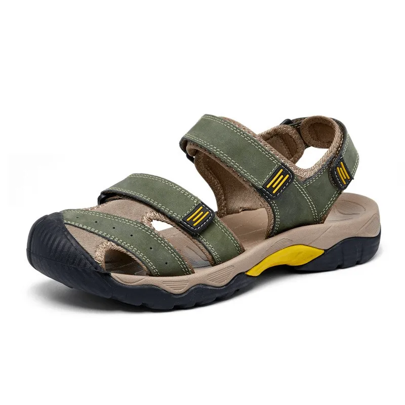 Stylish Tactical Leather Men's Closed Toe Sandals with Adjustable Velcro - SF1102