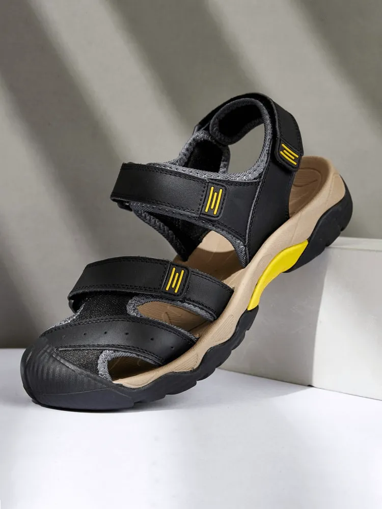 Stylish Tactical Leather Men's Closed Toe Sandals with Adjustable Velcro - SF1102