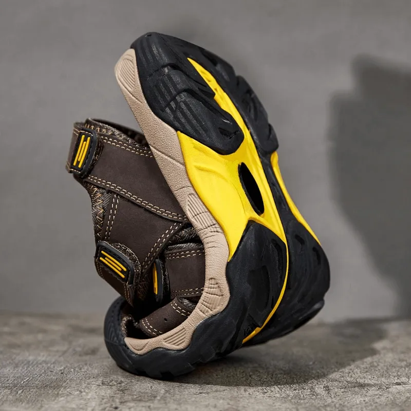 Stylish Tactical Leather Men's Closed Toe Sandals with Adjustable Velcro - SF1102