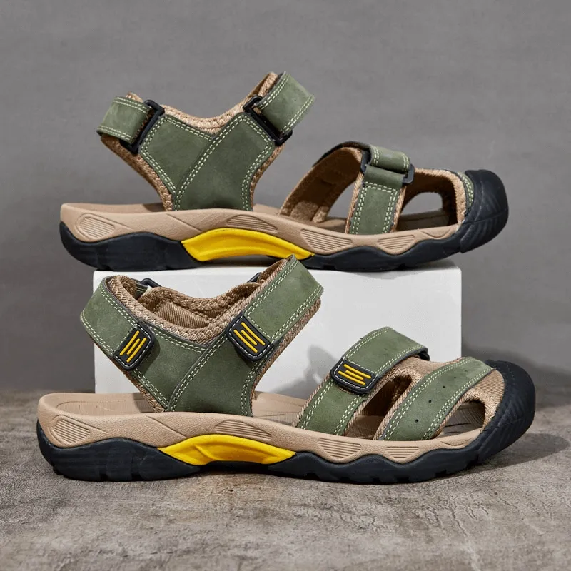 Stylish Tactical Leather Men's Closed Toe Sandals with Adjustable Velcro - SF1102