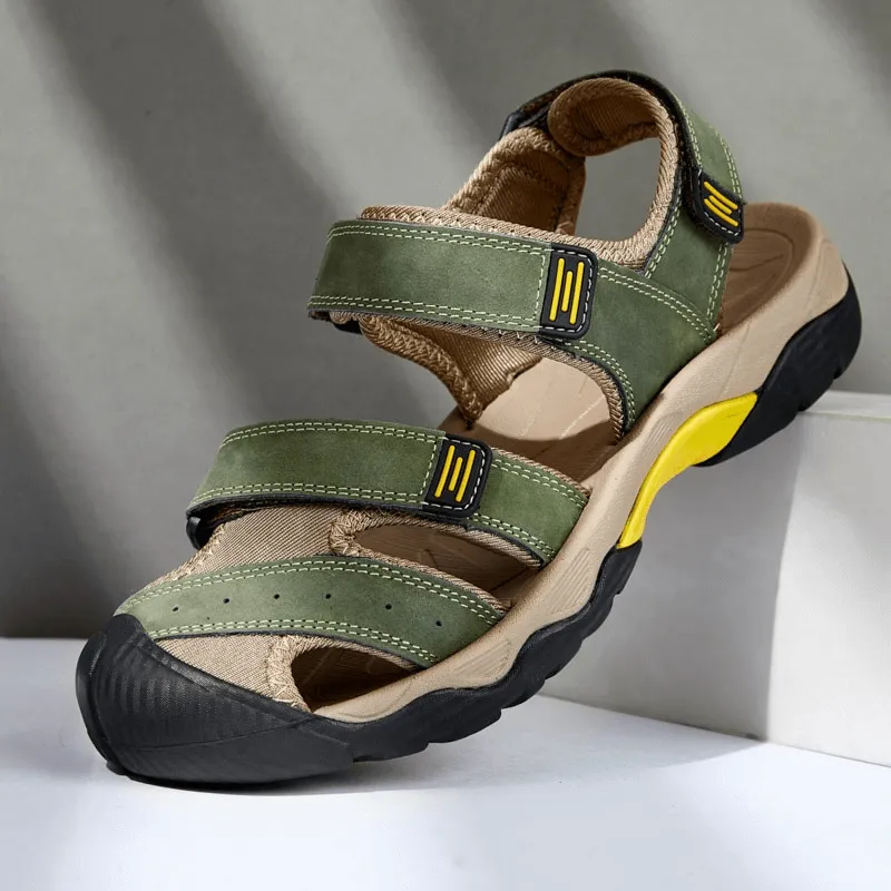 Stylish Tactical Leather Men's Closed Toe Sandals with Adjustable Velcro - SF1102
