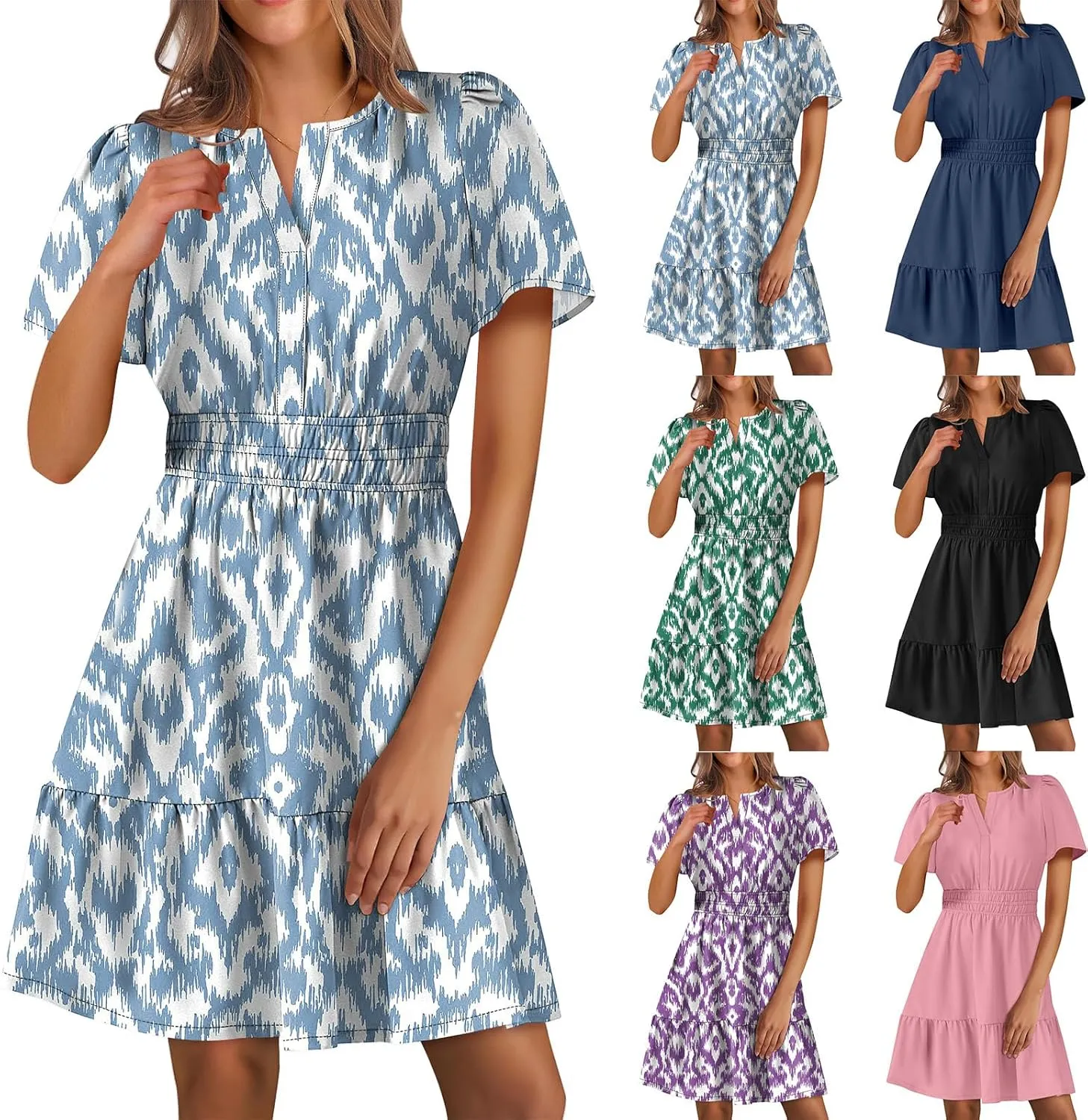 Summer Dresses for Women V Neck Short Sleeve Floral A-Line Dresses Smocked Waist Flowy Mini Dress Boho Beach Dress