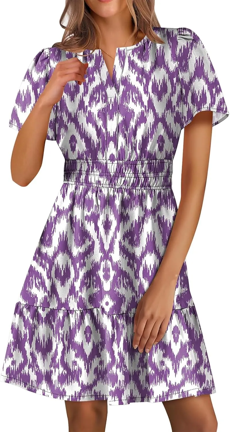 Summer Dresses for Women V Neck Short Sleeve Floral A-Line Dresses Smocked Waist Flowy Mini Dress Boho Beach Dress