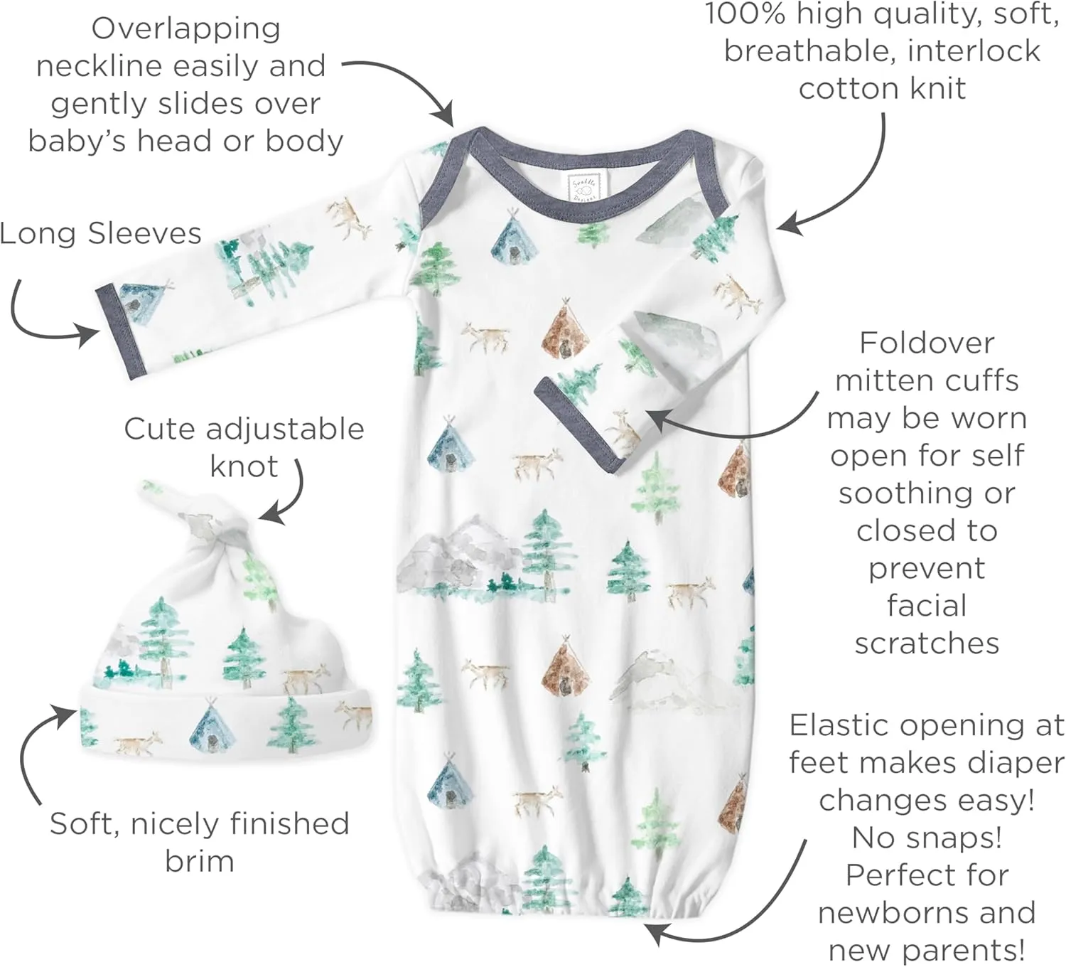 SwaddleDesigns Softest Cotton Baby Pajama Gown with Foldover Mitten Cuffs for Infant Boy and Girl, Newborn, 0-3 Months