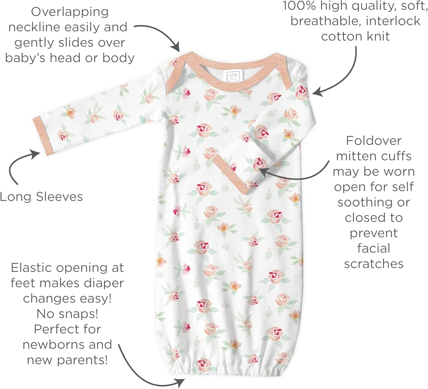 SwaddleDesigns Softest Cotton Baby Pajama Gown with Foldover Mitten Cuffs for Infant Boy and Girl, Newborn, 0-3 Months