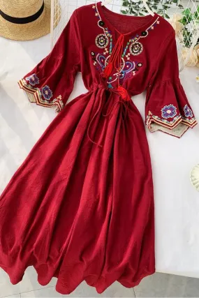 Vintage Dress, Boho Midi Dress, Dress, Gown, Embroidered Dress Hope in Blue, Red, White and Yellow