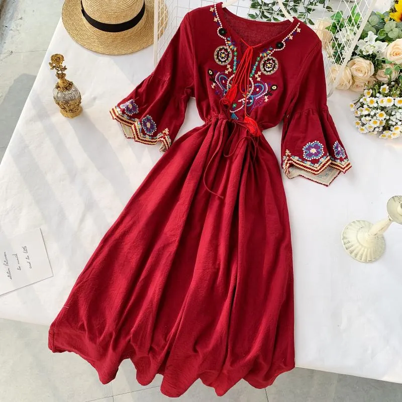 Vintage Dress, Boho Midi Dress, Dress, Gown, Embroidered Dress Hope in Blue, Red, White and Yellow
