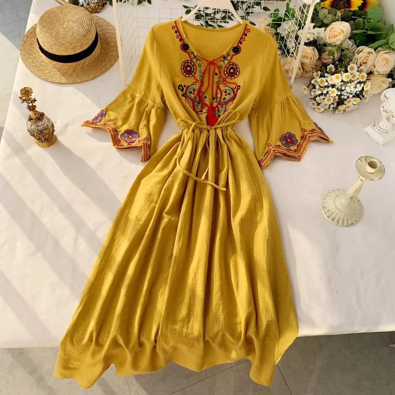Vintage Dress, Boho Midi Dress, Dress, Gown, Embroidered Dress Hope in Blue, Red, White and Yellow