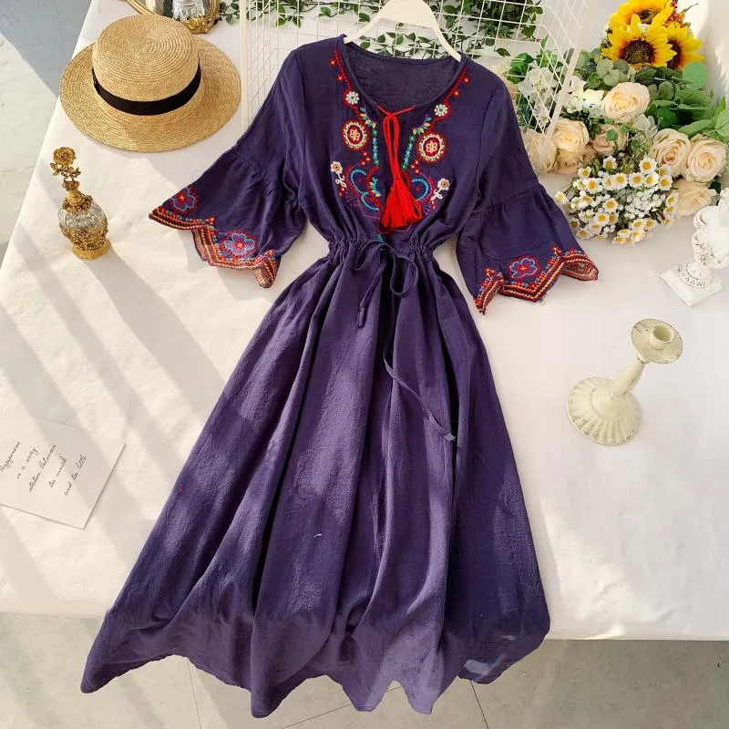 Vintage Dress, Boho Midi Dress, Dress, Gown, Embroidered Dress Hope in Blue, Red, White and Yellow