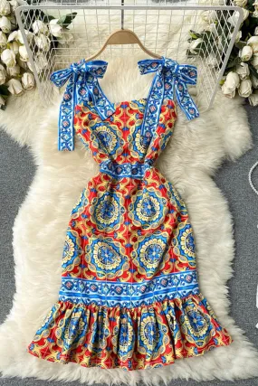 Vintage Dress, Boho Midi Dress, Retro Dress, Blue Coco
