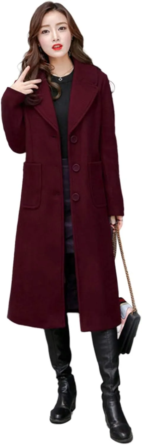watersouprty Women's Double Breasted Slim Lapel Wool Blend Winter Long Pea Coats