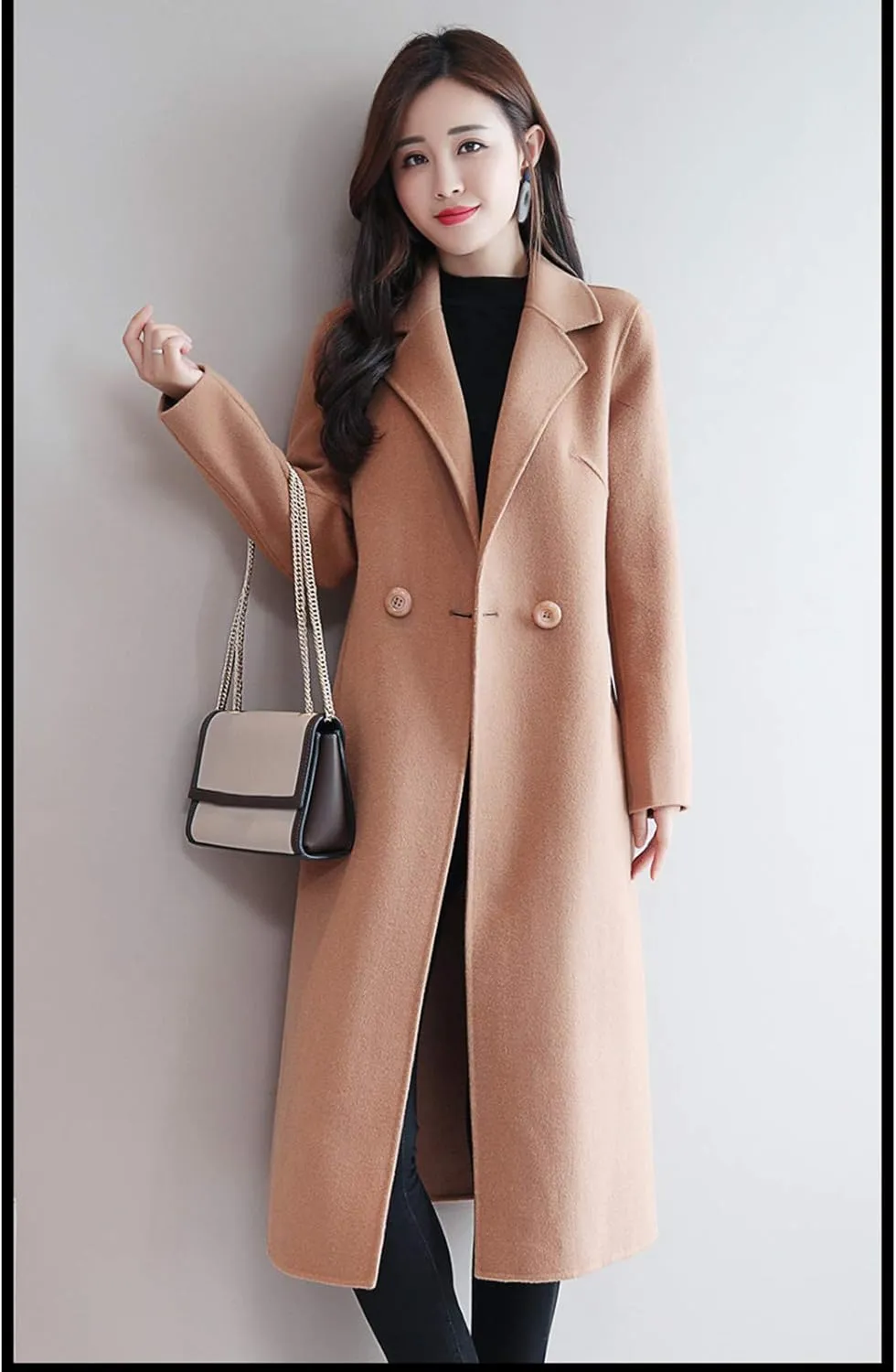 watersouprty Women's Double Breasted Slim Lapel Wool Blend Winter Long Pea Coats