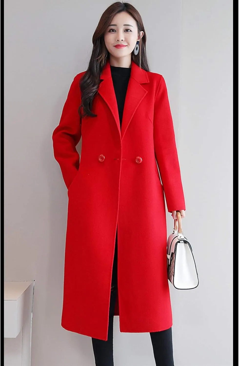 watersouprty Women's Double Breasted Slim Lapel Wool Blend Winter Long Pea Coats