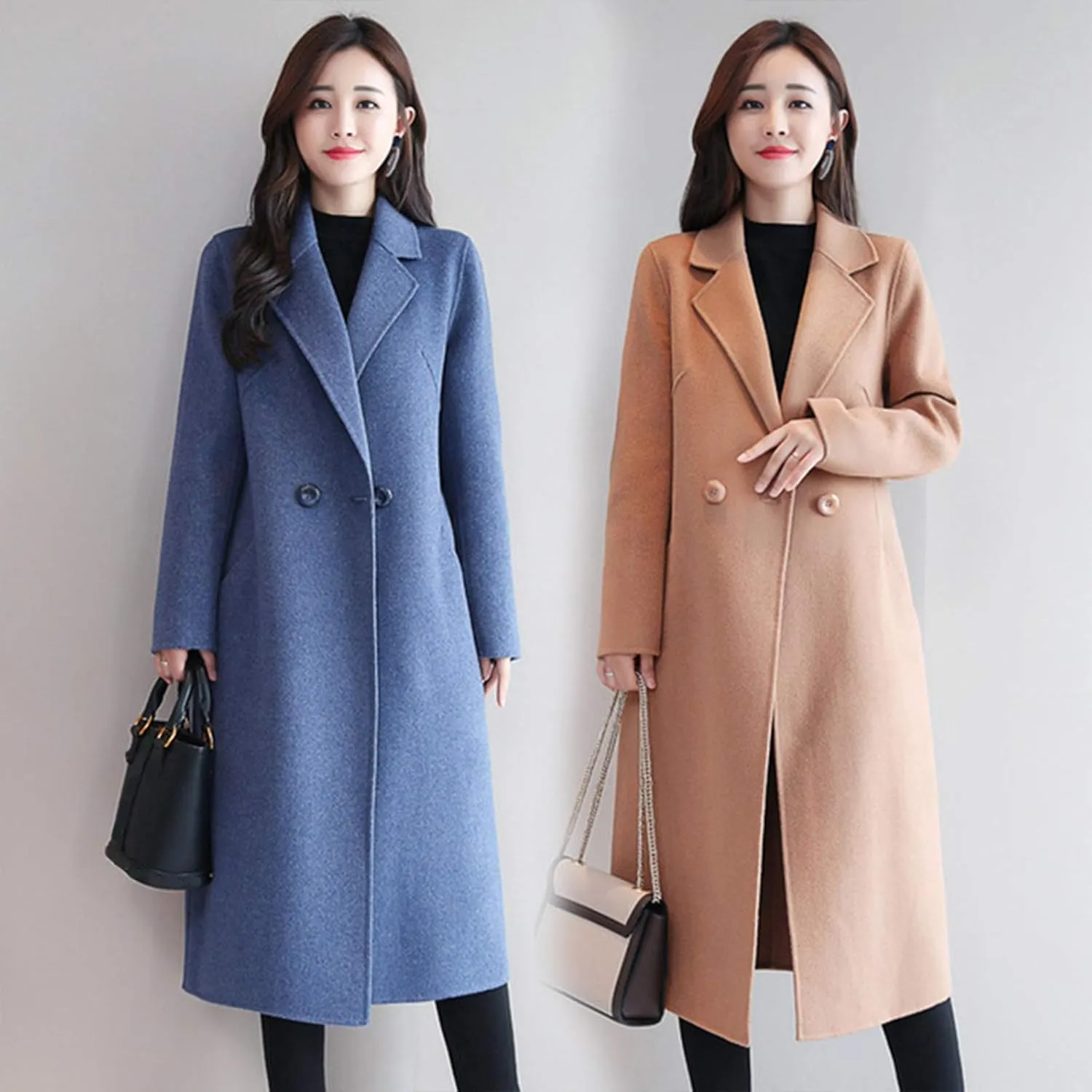 watersouprty Women's Double Breasted Slim Lapel Wool Blend Winter Long Pea Coats