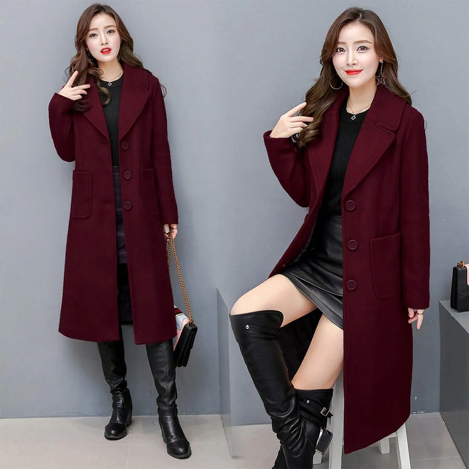 watersouprty Women's Double Breasted Slim Lapel Wool Blend Winter Long Pea Coats