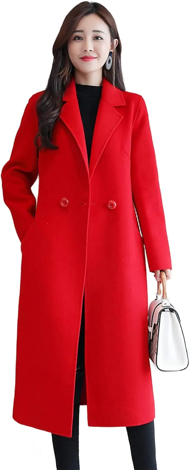 watersouprty Women's Double Breasted Slim Lapel Wool Blend Winter Long Pea Coats