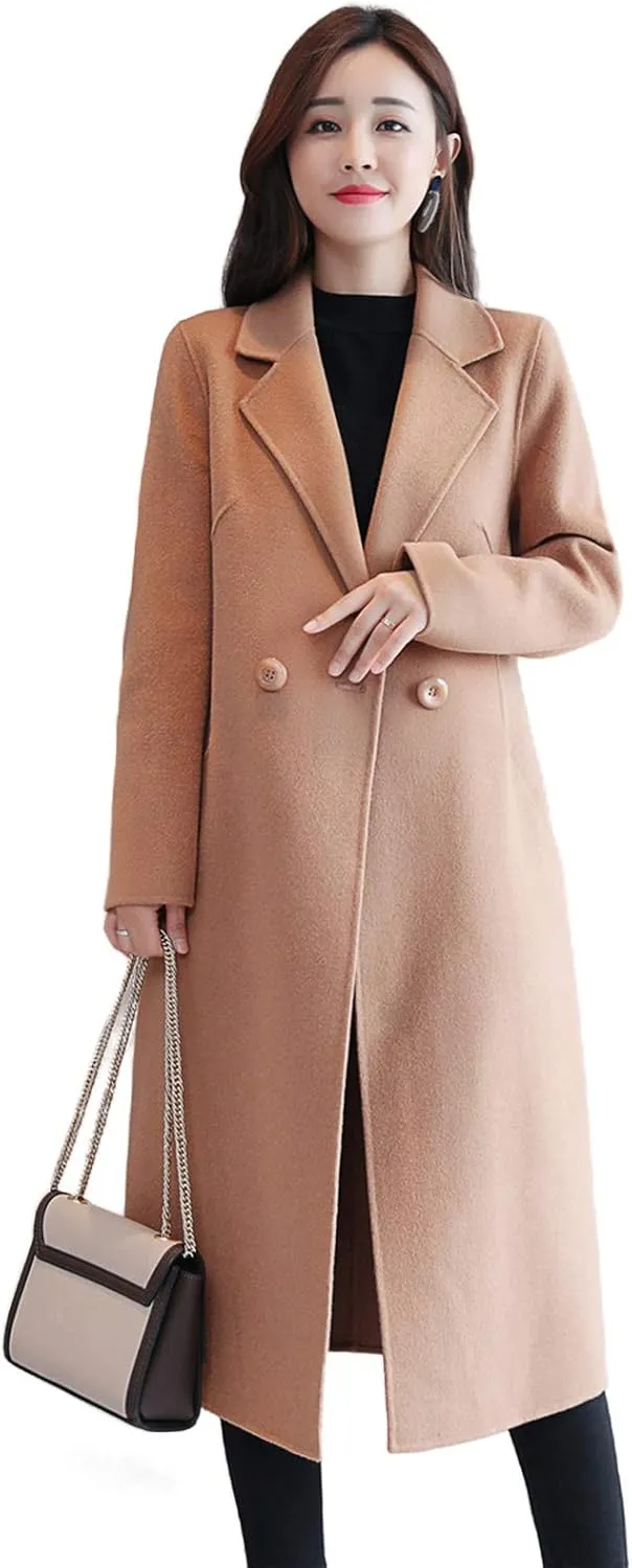 watersouprty Women's Double Breasted Slim Lapel Wool Blend Winter Long Pea Coats