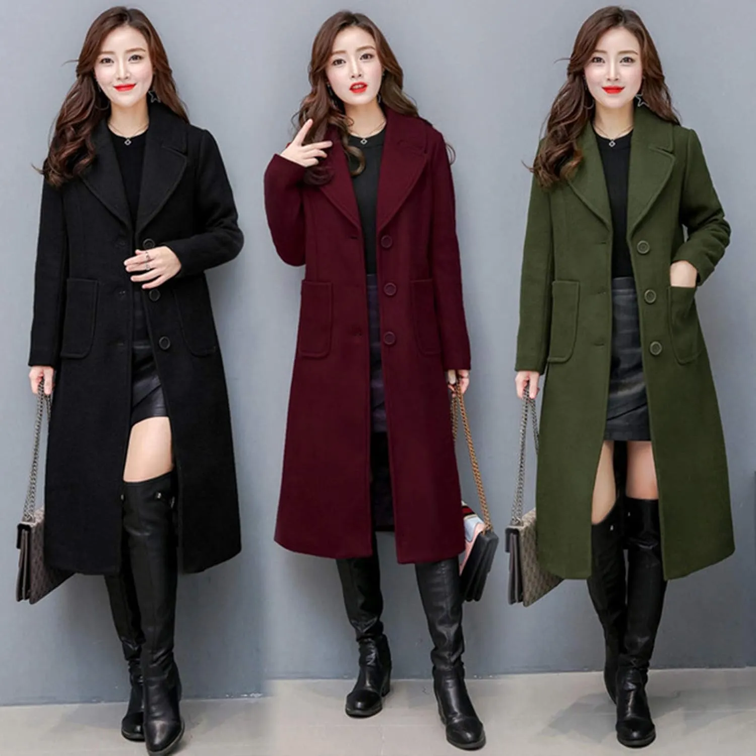 watersouprty Women's Double Breasted Slim Lapel Wool Blend Winter Long Pea Coats